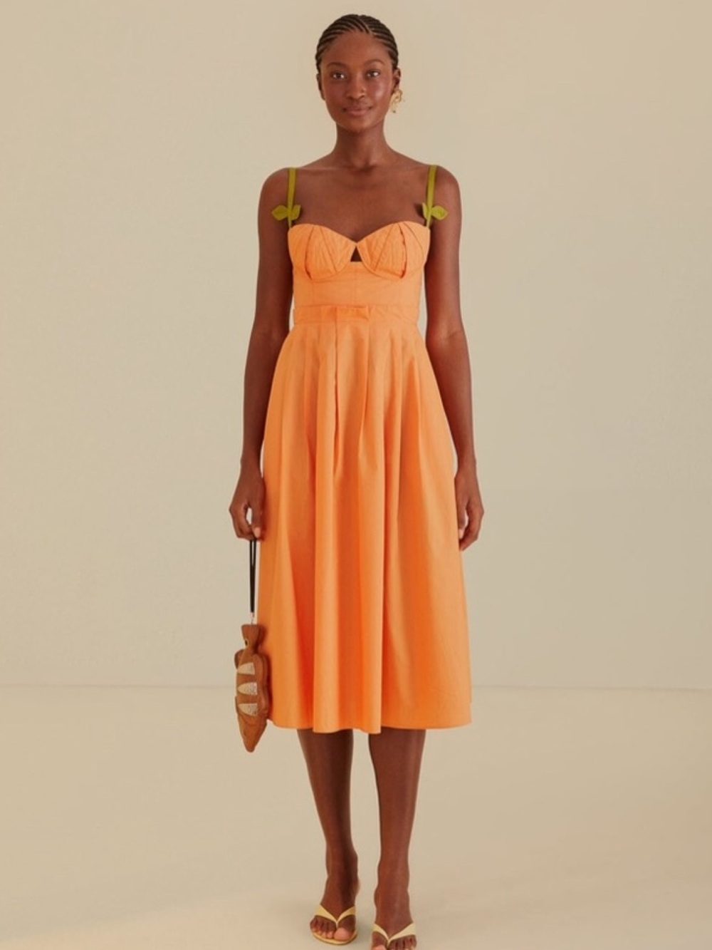 Farm Rio, bicolor sleeveless orange midi dress papaya pumpkin cups size M Medium